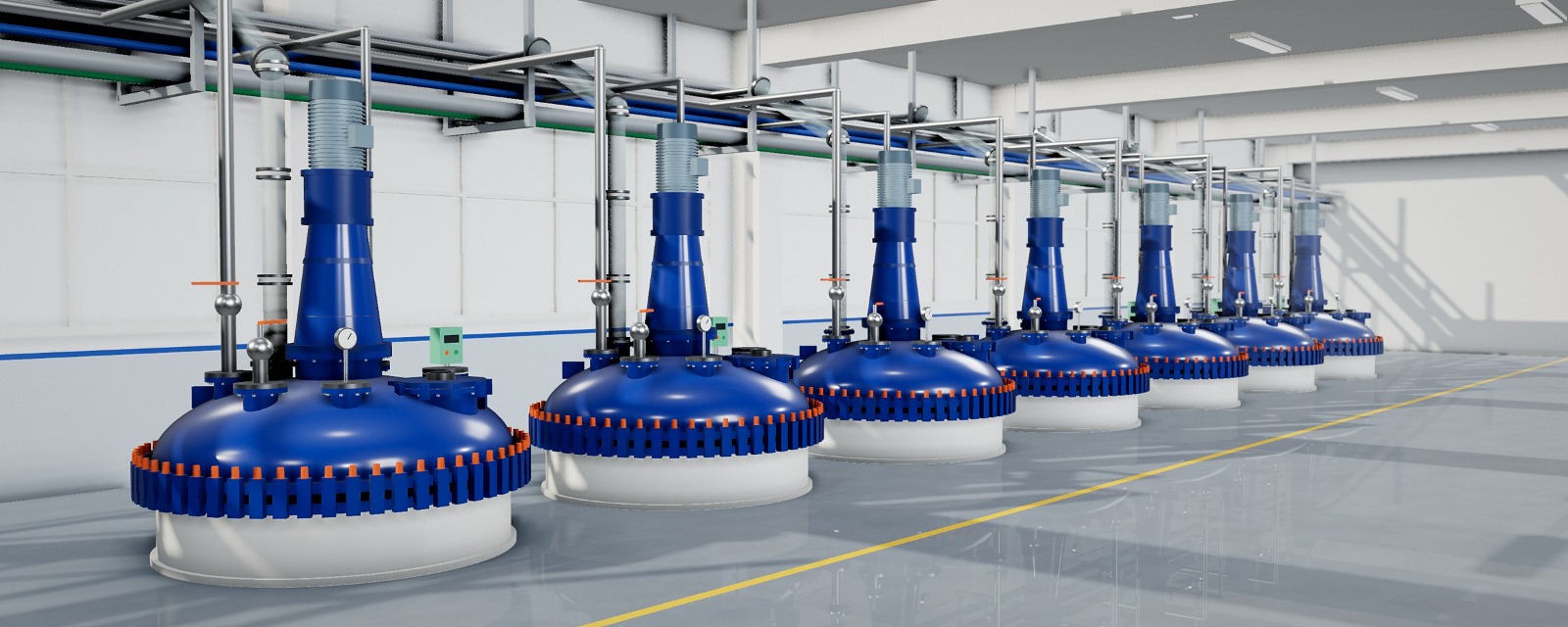 Illustration of a line of glass-lined reactors